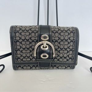 Coach Wallet Black Gray Signature C Foldout trifold Wallet Buckle